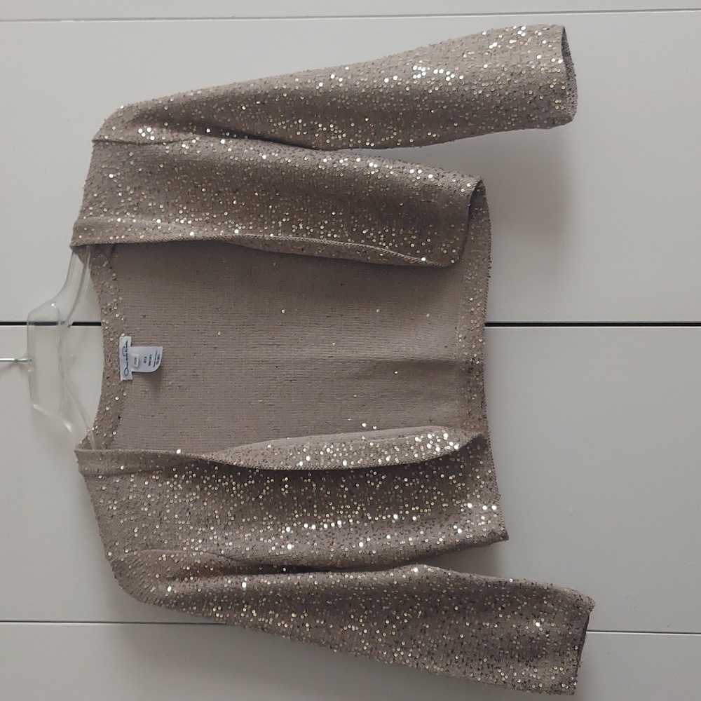 Oscar de la Renta Sequined Cropped Open Cardigan Bolero Size Medium Tan Gold